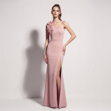 Women’s One-Shoulder Satin Beaded Split Formal Party Long Dress