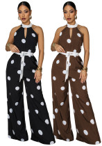 Women’s Polka Dot Print Halter Neck Sleeveless Jumpsuit