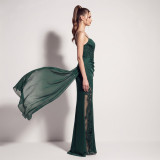 Women’s Evening Beaded Lace Mesh Split Strap Satin Chiffon Long Dress