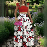 Women’s Summer Casual Solid Top Floral Print Long Skirt Two-Piece Set