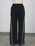 Women’s Color Block Lace Patchwork Drawstring High-Waist Casual Wide-Leg Sweatpants