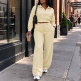 Women’s Fall Winter Casual Turndown Collar Top Drawstring Pocket Wide-Leg Pants Two-Piece Set