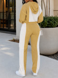 Women’s Fashion Casual Long Hooded Drawstring Color Block Tracksuit Two-Piece Set