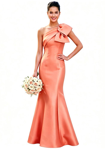 Women’s One-Shoulder Bow Satin Chic Formal Party Bridesmaid Evening Dress