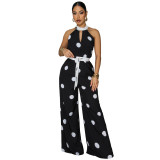 Women’s Polka Dot Print Halter Neck Sleeveless Jumpsuit