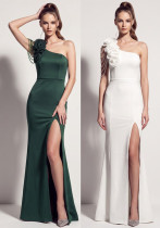 Women’s One-Shoulder Satin Beaded Split Formal Party Long Dress Women’s One-Shoulder Satin Beaded Split Formal Party Long Dress