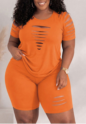 Women’s Plus Size Summer Elegant Casual Cutout Short Sleeve T-shirt and Shorts Two-Piece Set