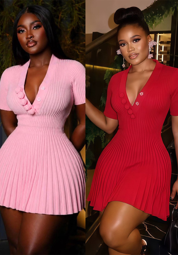 Women’s Textured Ruched Button V-Neck Short Sleeve Slim Fit A-Line Knitted Dress