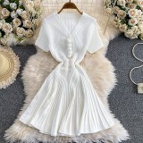 Women’s Textured Ruched Button V-Neck Short Sleeve Slim Fit A-Line Knitted Dress