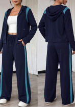 Women’s Color Block Hooded Jacket Wide-Leg Pants Casual Sports Two-Piece Set
