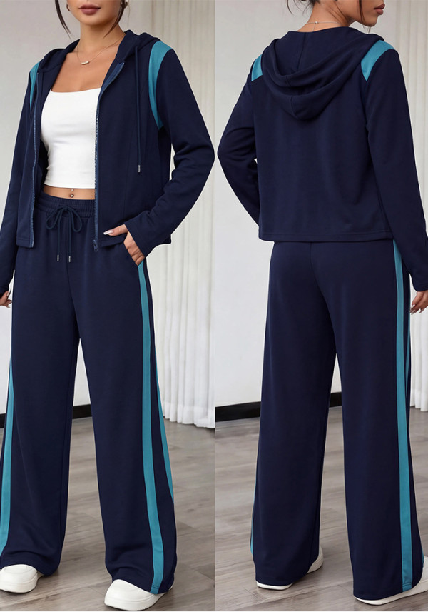 Women’s Color Block Hooded Jacket Wide-Leg Pants Casual Sports Two-Piece Set