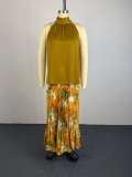 Women’s Fall Chic Slim Fit Sleeveless Top Printed Pleated Skirt Two-Piece Set