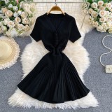 Women’s Textured Ruched Button V-Neck Short Sleeve Slim Fit A-Line Knitted Dress