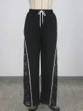 Women’s Color Block Lace Patchwork Drawstring High-Waist Casual Wide-Leg Sweatpants