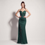 Women’s Evening Beaded Lace Mesh Split Strap Satin Chiffon Long Dress