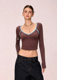 Women’s Fall Winter Heart Neckline Color Block Casual Slim Fit Long Sleeve T-Shirt