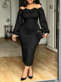 Women’s Spring Fall Plus Size Elegant Career Bow Puff Sleeve Long Sleeve Cocktail Dress