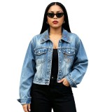 Women’s Streetwear Embroidered Cutout Washed Denim Jacket