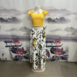 Women’s Summer Casual Solid Top Floral Print Long Skirt Two-Piece Set