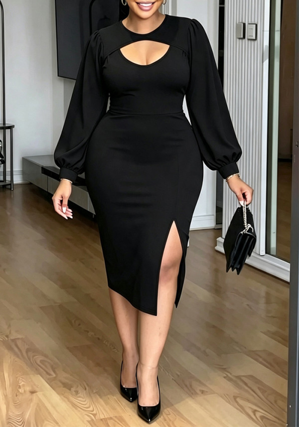 Women’s Fall Plus Size Elegant Career Puff Sleeve Dress