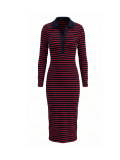 Women’s Spring Fall Party Turndown Collar Slim Fit Bodycon Striped Long Dress