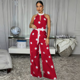 Women’s Polka Dot Print Halter Neck Sleeveless Jumpsuit