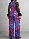 Women’s Plus Size V-Neck Slim Fit Lace Ruffle Sleeve Top Wide-Leg Pants Two-Piece Set
