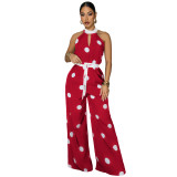 Women’s Polka Dot Print Halter Neck Sleeveless Jumpsuit