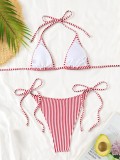 Women’s Striped Lace-Up Low Back Sexy Bikini Swimsuit