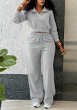 Women’s Fall Winter Casual Turndown Collar Top Drawstring Pocket Wide-Leg Pants Two-Piece Set
