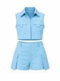 Women’s Summer Turndown Collar Pocket Shorts Two-Piece Set
