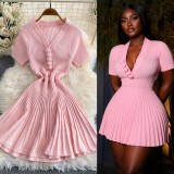 Women’s Textured Ruched Button V-Neck Short Sleeve Slim Fit A-Line Knitted Dress