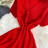 Women’s Textured Ruched Button V-Neck Short Sleeve Slim Fit A-Line Knitted Dress