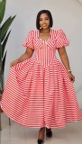 Women’s Fall Puff Sleeve U-Neck Printed Slim Waist Ruched Dress