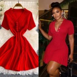 Women’s Textured Ruched Button V-Neck Short Sleeve Slim Fit A-Line Knitted Dress