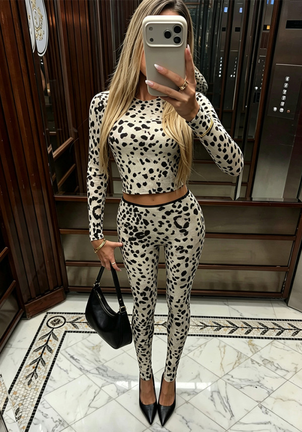 Women’s Streetwear Leopard Print Round Neck Long Sleeve Tight-Fitting Pants Two-Piece Set