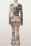Women’s Letter Trendy Leopard Print Hooded Color Block Stretch Sports Jacket Top Pants Two-Piece Set
