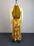 Women’s Fall Chic Slim Fit Sleeveless Top Printed Pleated Skirt Two-Piece Set