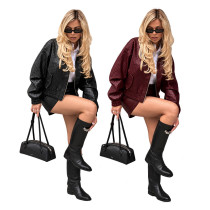 Women's Autumn Two-Piece Knitted Style Turndown Collar Loose Leather Jacket Shorts Set