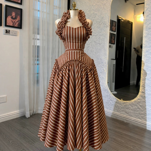 Women’s Fall Fashion Chic Striped Ruffle Halter Neck Flare Dress