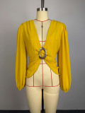 Women’s Fall Sexy Chic Deep V-Neck Ruched Puff Sleeve Slim Fit Blouse