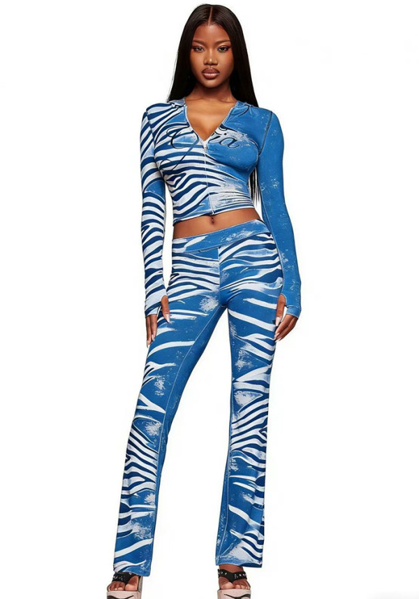 Women’s Letter Trendy Leopard Print Hooded Color Block Stretch Sports Jacket Top Pants Two-Piece Set