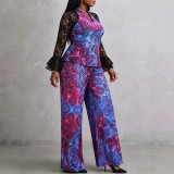 Women’s Plus Size V-Neck Slim Fit Lace Ruffle Sleeve Top Wide-Leg Pants Two-Piece Set
