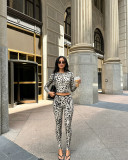 Women’s Streetwear Leopard Print Round Neck Long Sleeve Tight-Fitting Pants Two-Piece Set