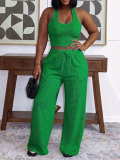 Women’s Casual Crop Tank Top Drawstring Wide-Leg Pants Two-Piece Set