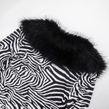 Women’s Fashion Zebra Print Patchwork Fur Collar Long Sleeve Slim Fit Open Waist Top