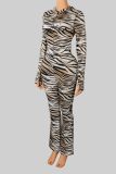 Women’s Letter Trendy Leopard Print Hooded Color Block Stretch Sports Jacket Top Pants Two-Piece Set