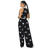 Women’s Polka Dot Print Halter Neck Sleeveless Jumpsuit