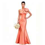 Women’s One-Shoulder Bow Satin Chic Formal Party Bridesmaid Evening Dress