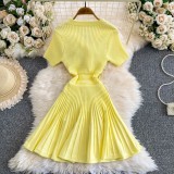 Women’s Textured Ruched Button V-Neck Short Sleeve Slim Fit A-Line Knitted Dress